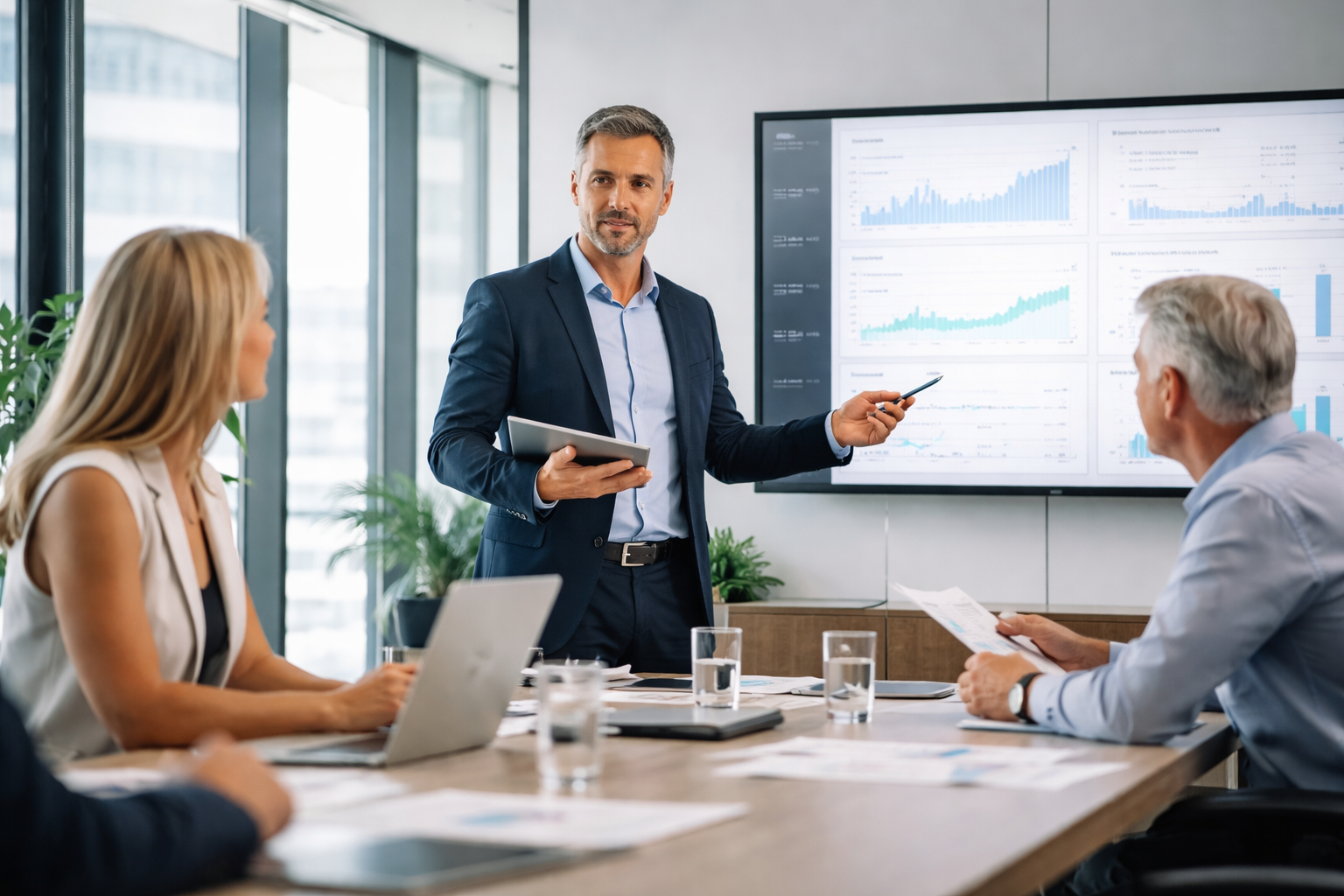 Senior online sales leader presenting performance strategy to a leadership team