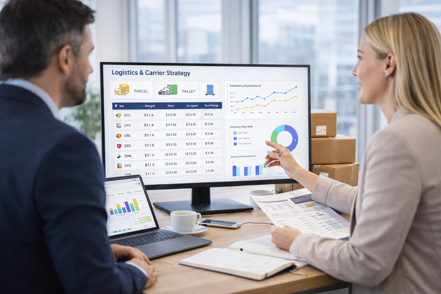Reviewing ecommerce logistics and carrier rates on a shipping strategy dashboard