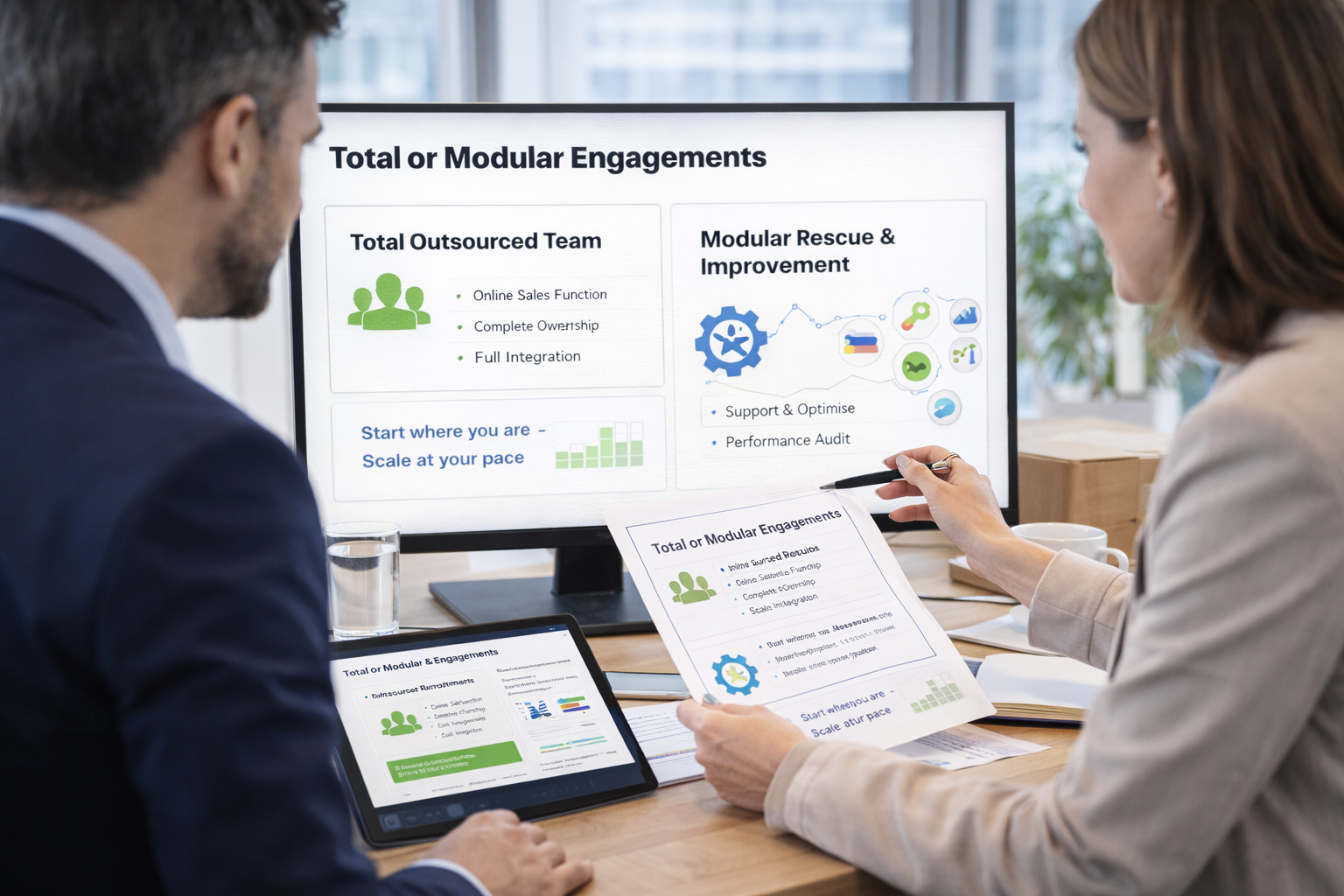Discussing total or modular ecommerce service options during a strategy meeting