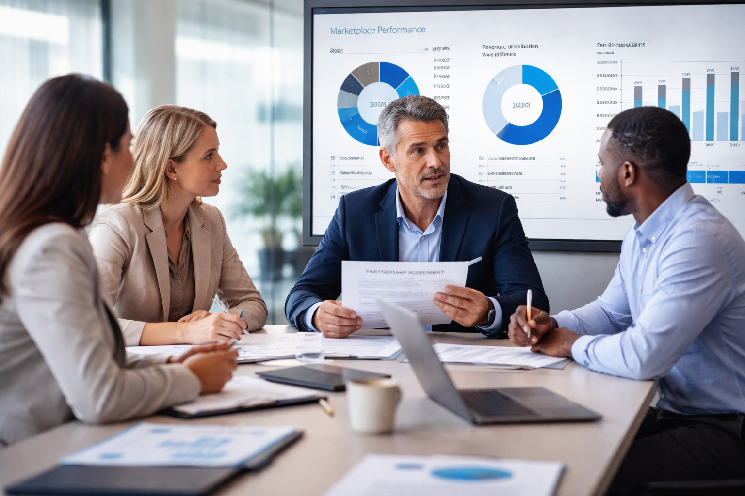 Senior ecommerce leaders negotiating channel partnership terms in a strategy meeting