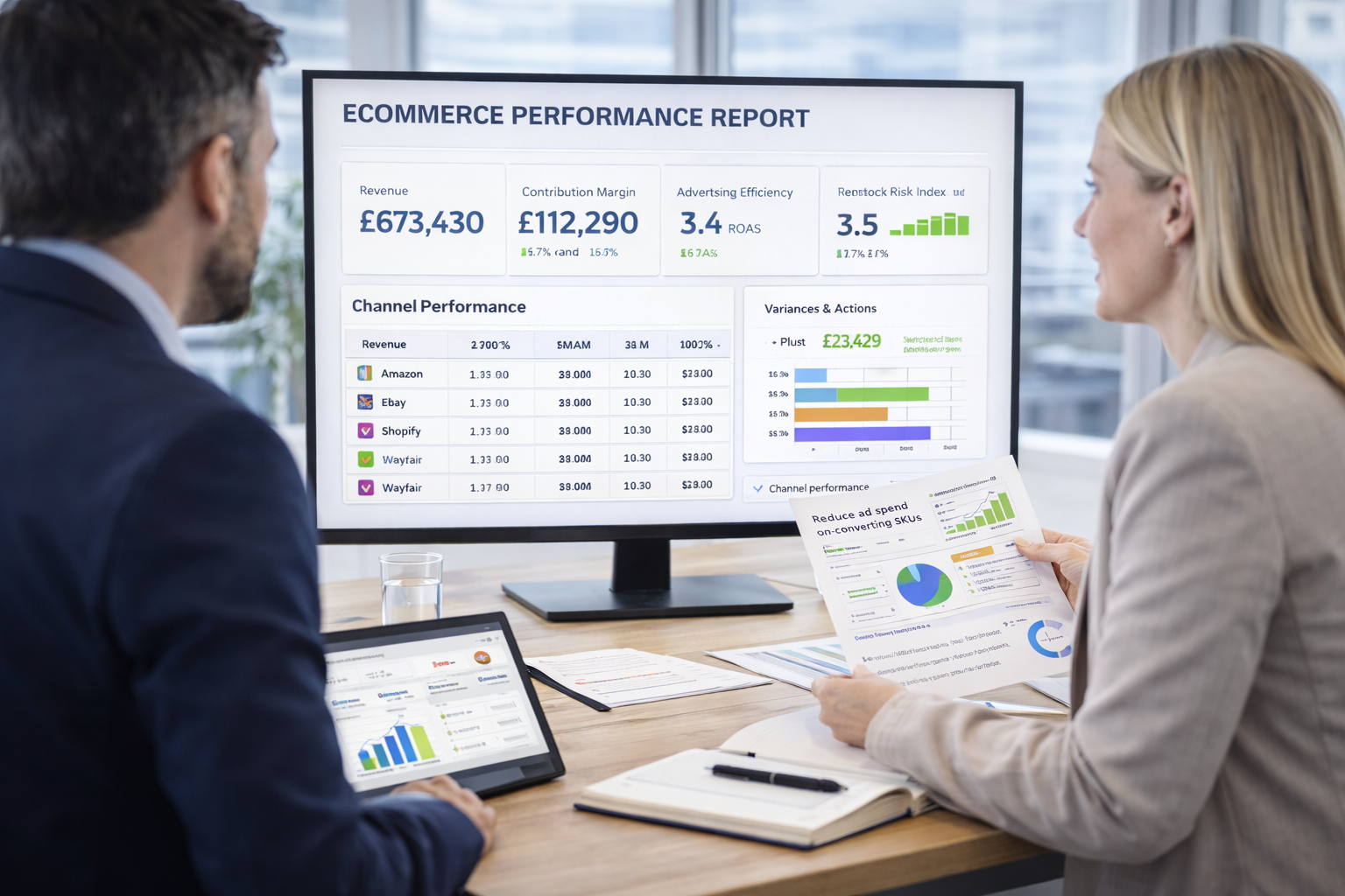 Reviewing ecommerce performance and board-level reports on a large dashboard