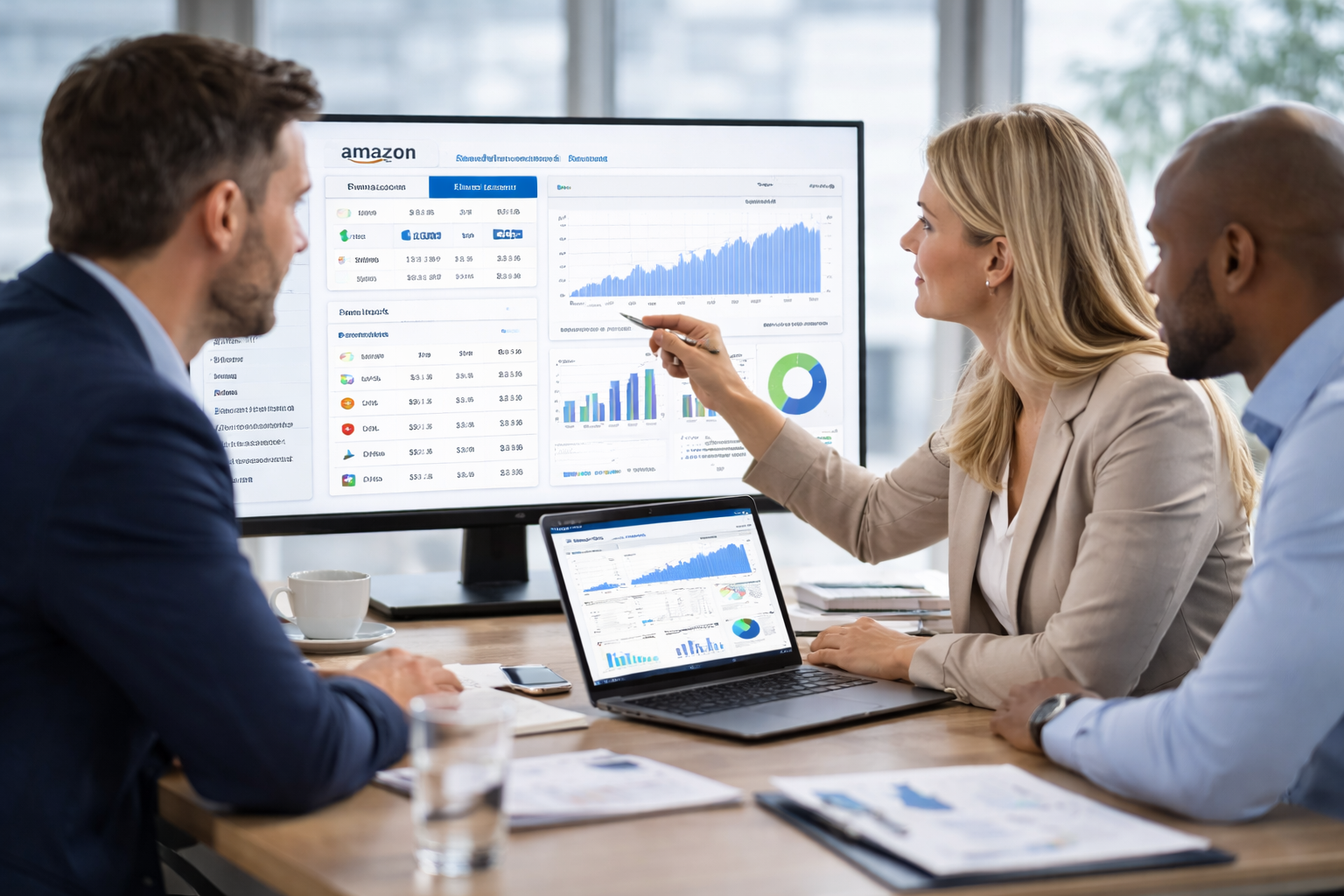 Senior ecommerce team reviewing product launch and Amazon advertising performance dashboards in a modern office