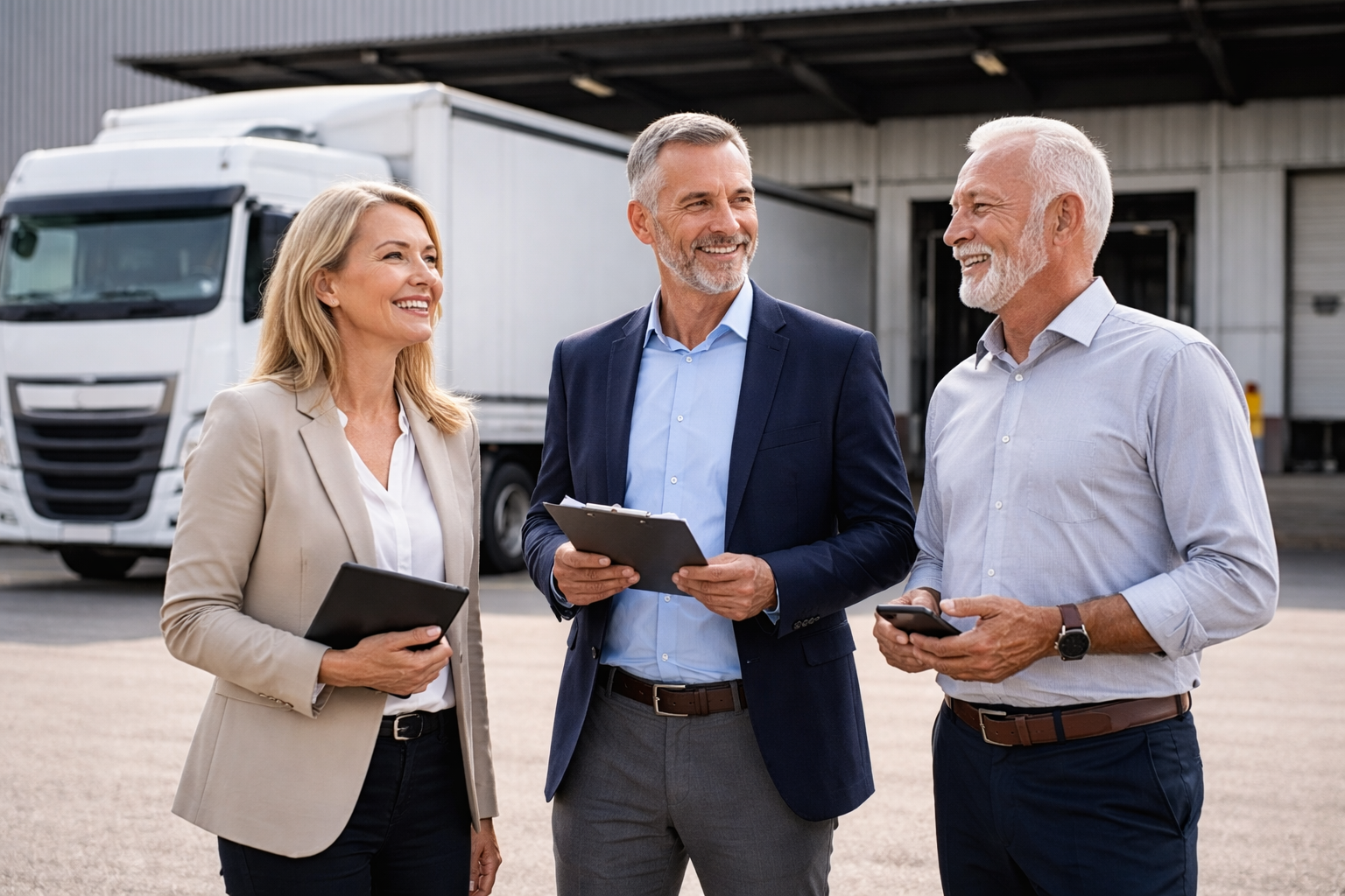 Senior ecommerce leadership team reviewing delivery and fulfilment operations outside a warehouse with a distribution truck