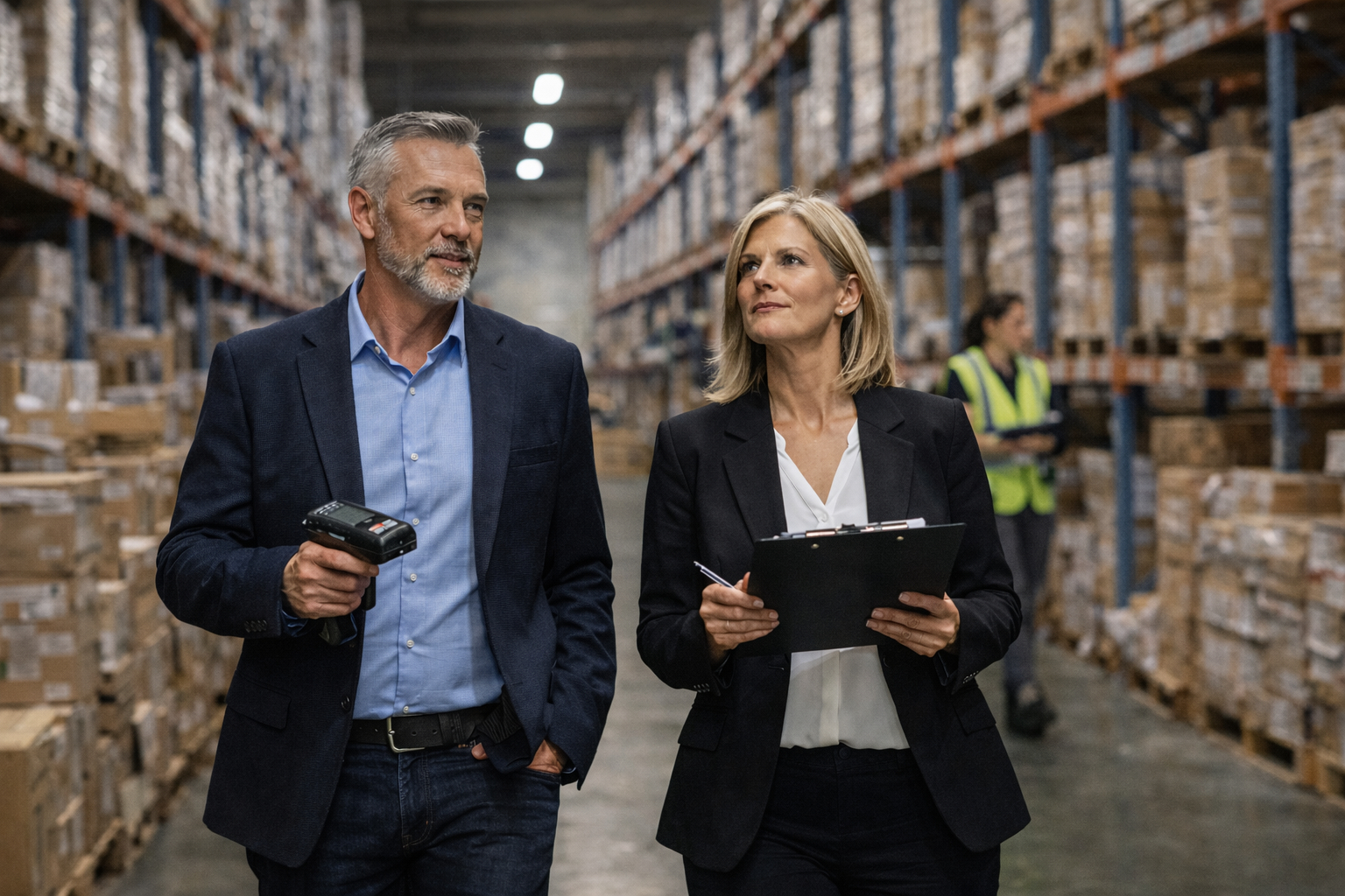 Senior operations team reviewing order management and fulfilment processes in a warehouse environment