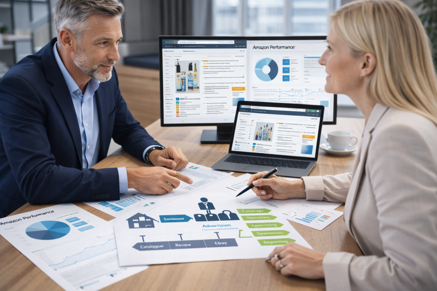 Senior ecommerce consultants reviewing online sales performance, marketplace data, and commercial strategy across Amazon and multichannel platforms.