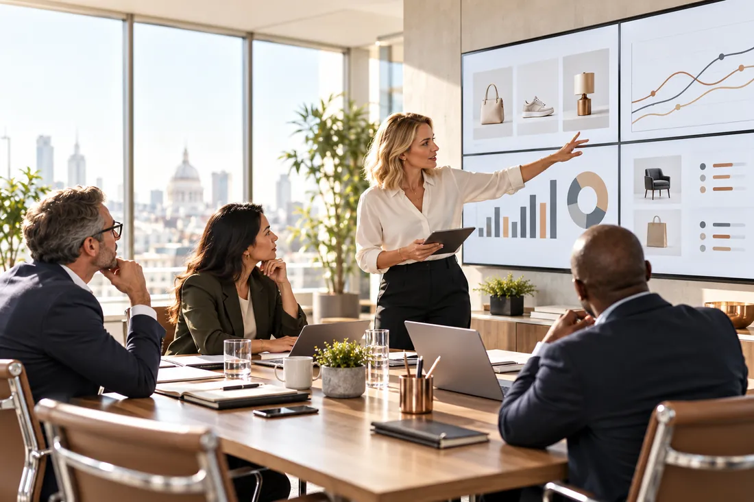 Illustrative commercial leadership meeting about online trading