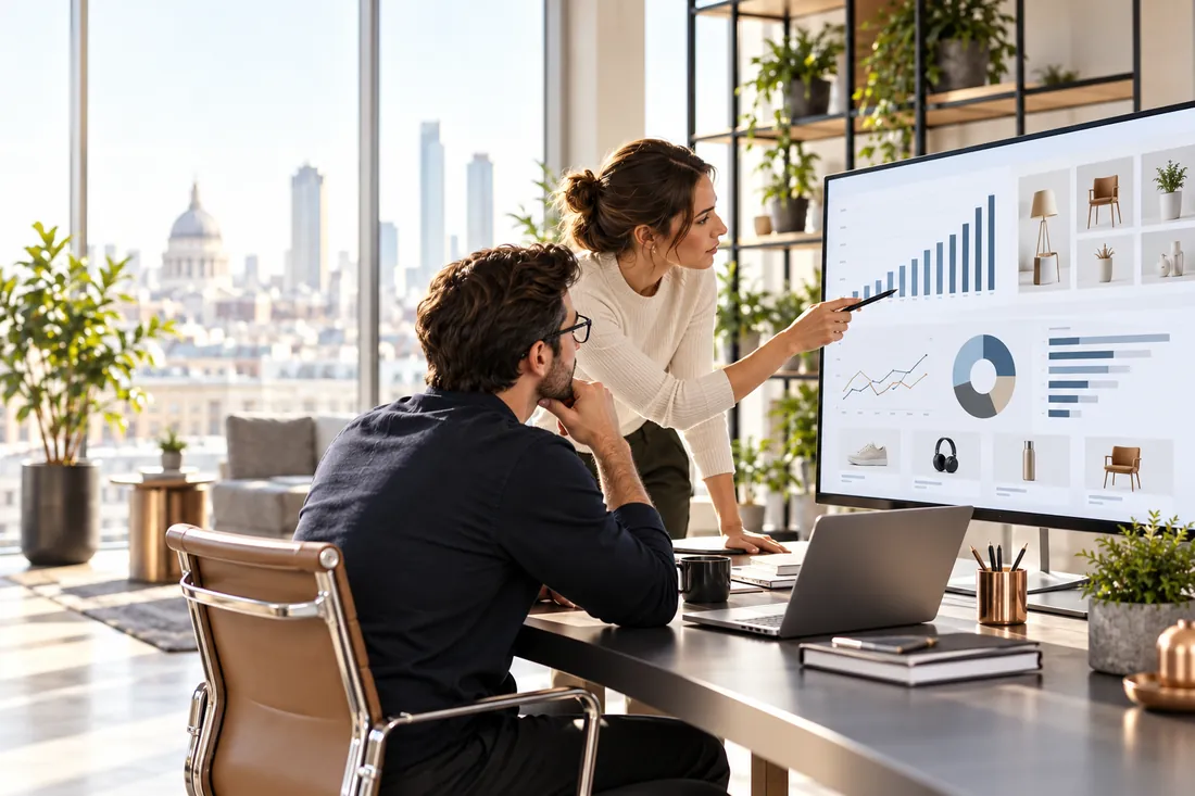 Illustrative ecommerce analysts reviewing channel and product data