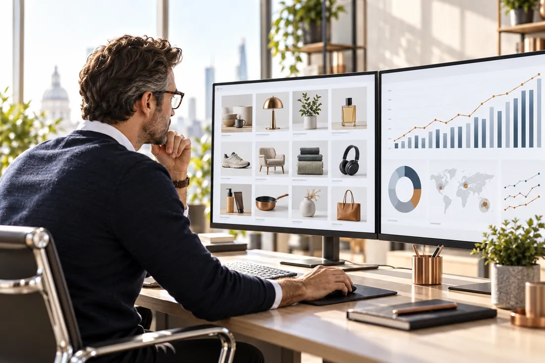 Illustrative commercial operator reviewing online catalogue and performance